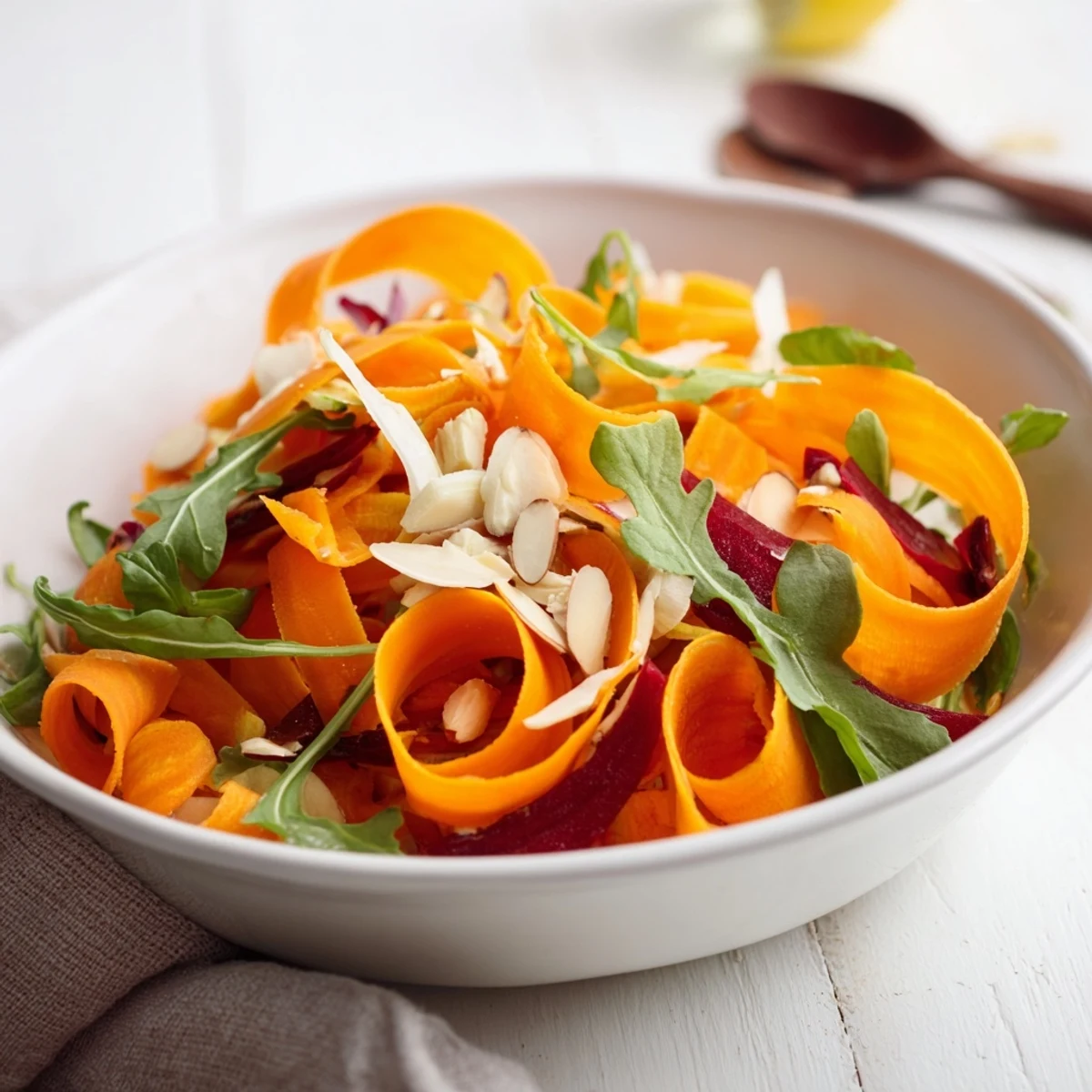 Shaved Carrot Apple Almond Salad Bowl with Citrus Dressing, vibrant citrus aroma and crunch