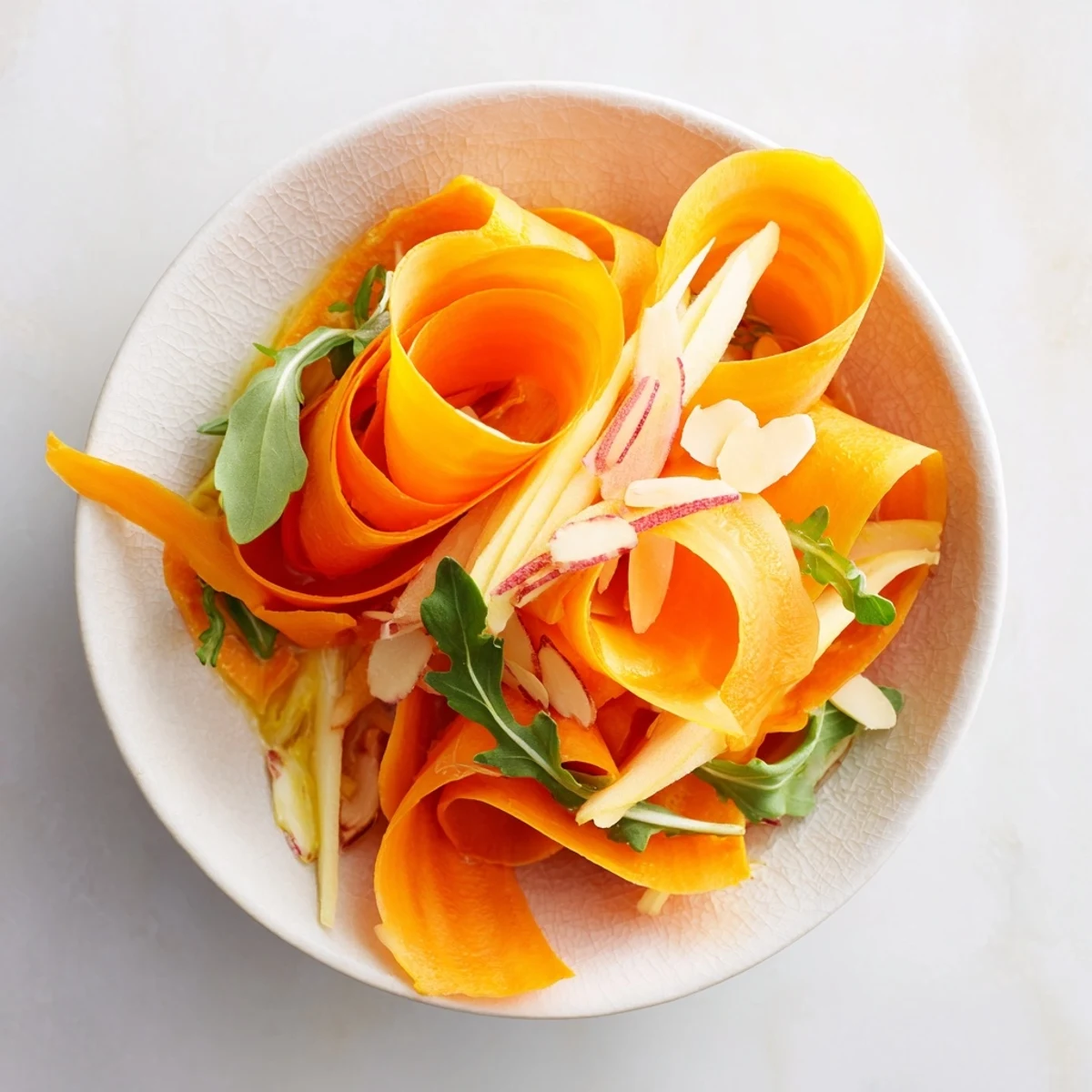 Shaved Carrot Apple Almond Salad Bowl with Citrus Dressing served chilled for light lunch