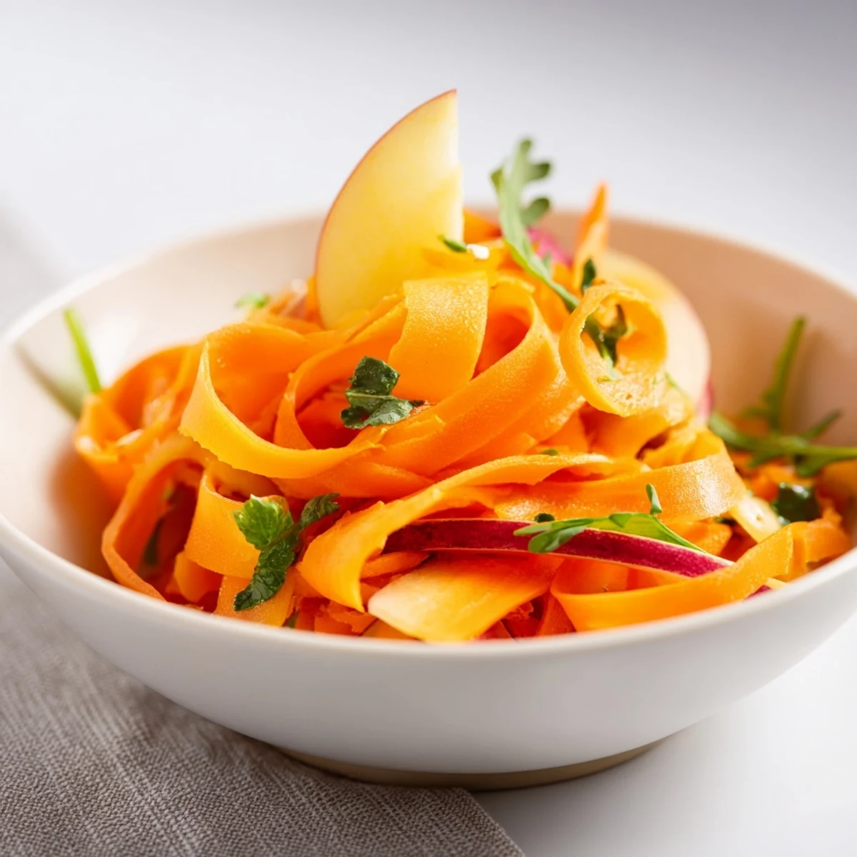 Shaved Carrot Apple Almond Salad Bowl with Citrus Dressing, thin ribbons and toasted almond crunch