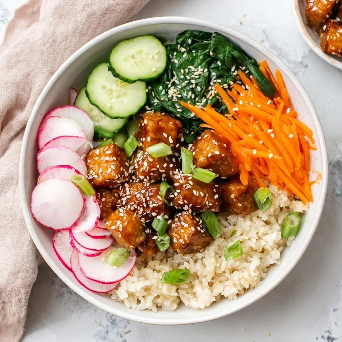 Protein-packed vegan bowl featuring sticky tempeh in sweet maple ginger sauce atop rice with wilted sesame seasoned spinach.