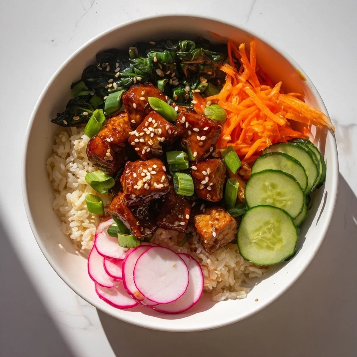 Golden maple ginger glazed tempeh cubes arranged over fluffy rice with vibrant sesame sautéed greens and fresh crunchy vegetables.