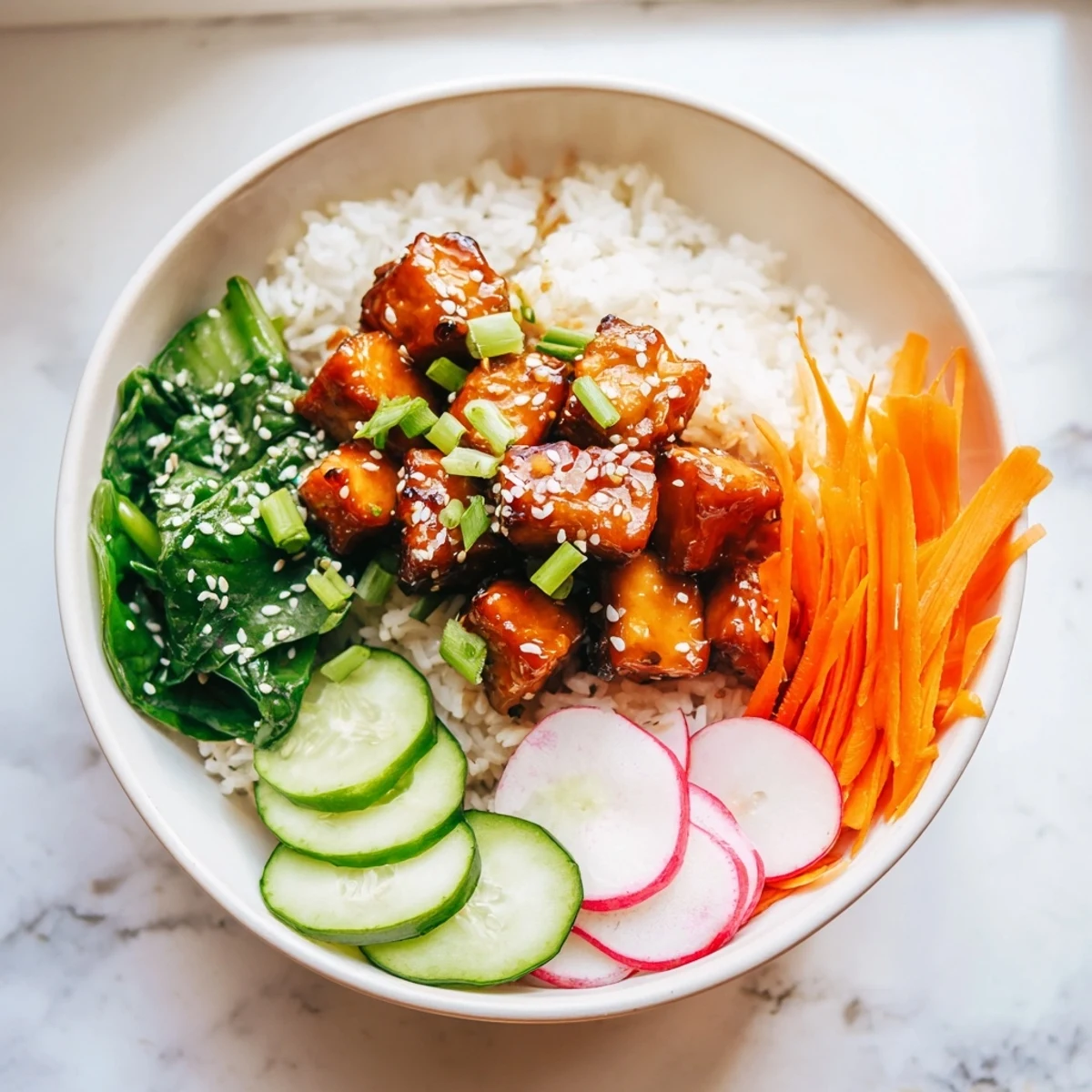 Crispy tempeh pieces coated in glossy maple ginger glaze served in a colorful bowl with sesame greens and julienned vegetables.
