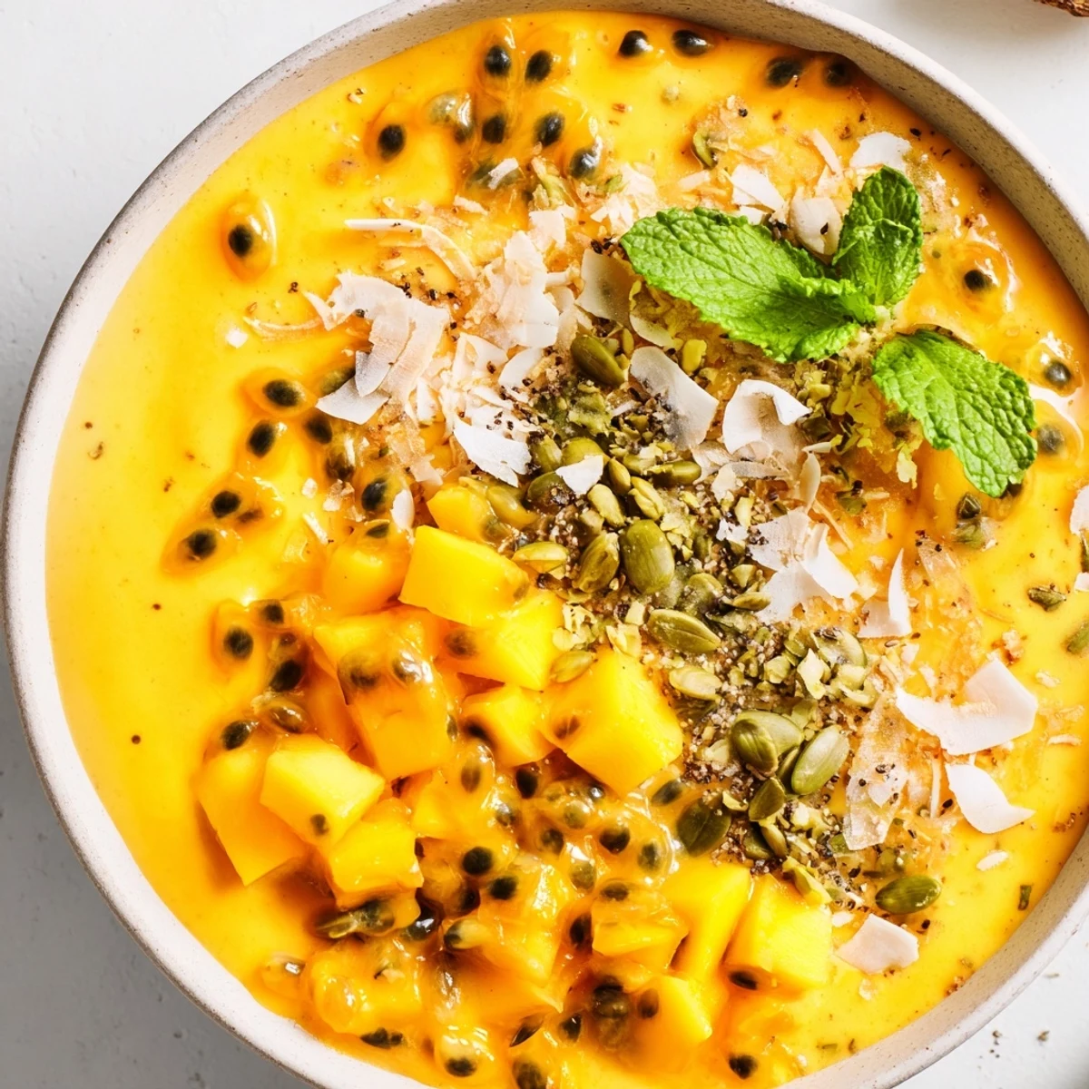 Golden mango passionfruit coconut smoothie bowl topped with fresh fruit, seeds, and zesty lime garnish