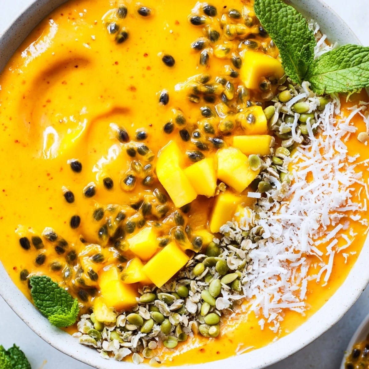 Creamy tropical mango passionfruit coconut smoothie bowl arranged with colorful toppings and shredded coconut
