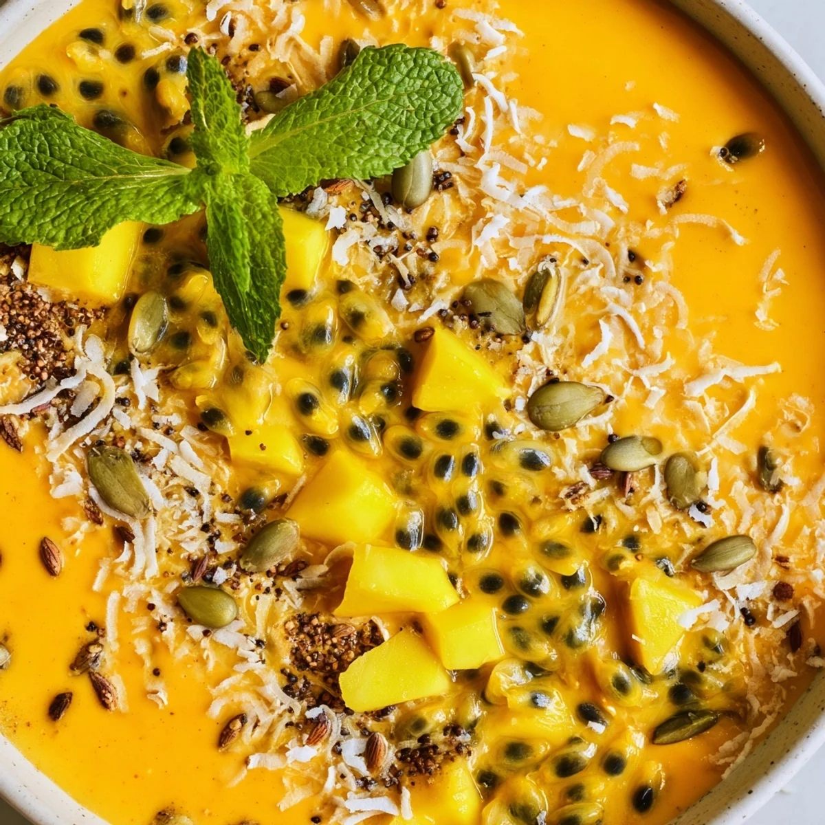 Vibrant breakfast bowl featuring sweet mango, tangy passionfruit, coconut milk base, and crunchy seed toppings