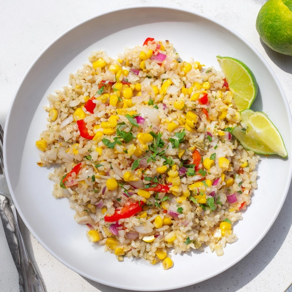 Golden chili lime corn fried rice topped with fresh cilantro and lime wedges