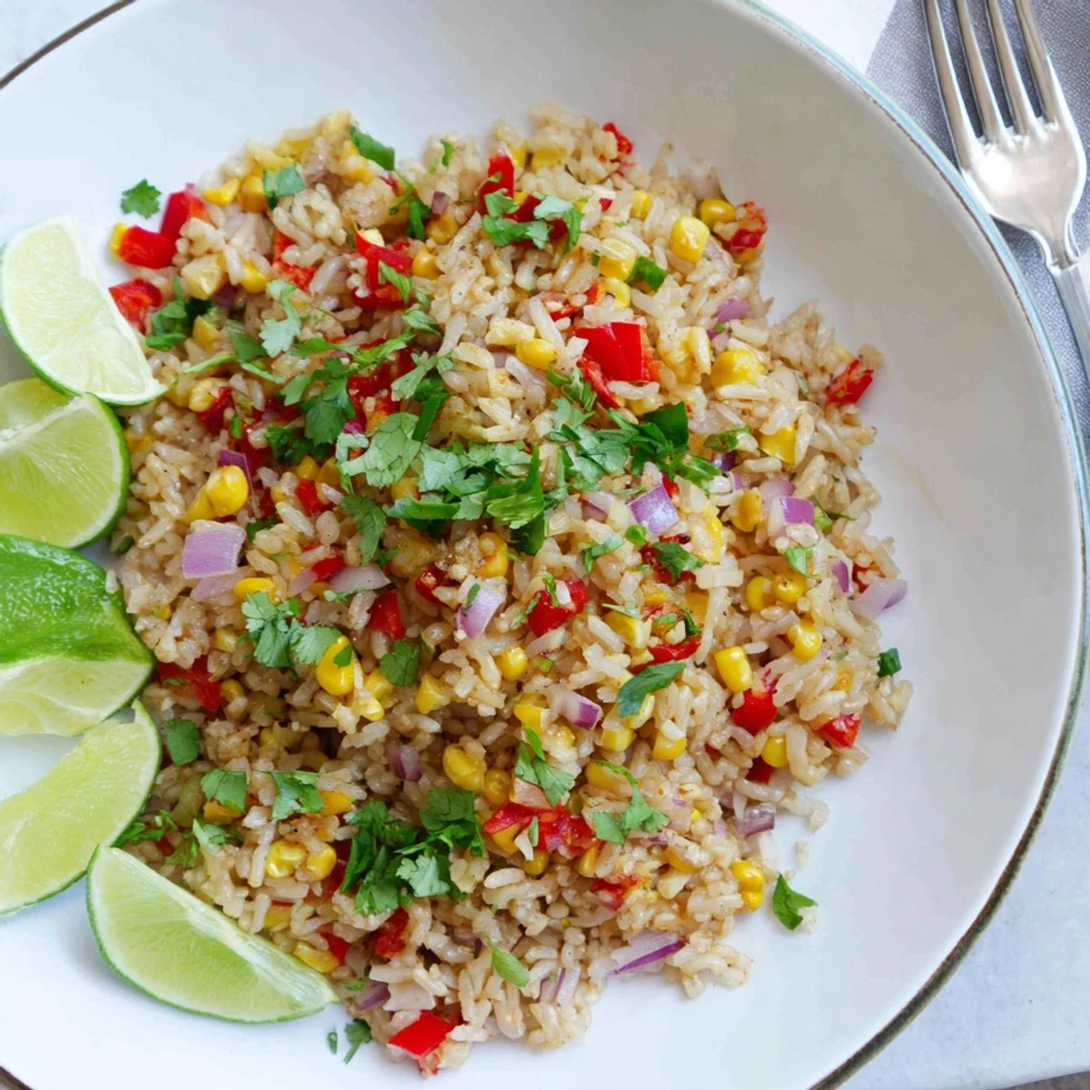 Colorful bowl of zesty chili lime corn fried rice garnished with green onions