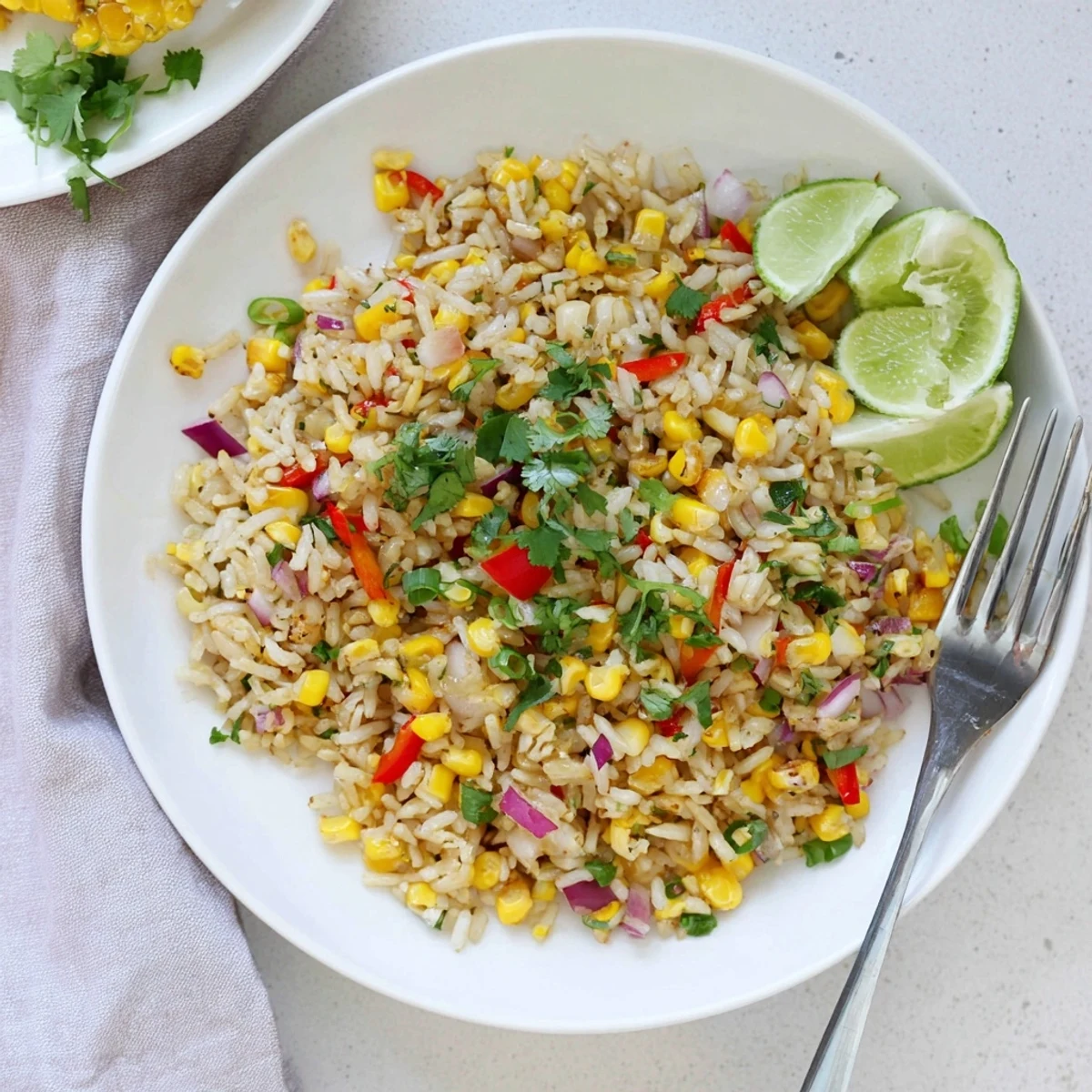 Vibrant Asian-Latin fusion dish featuring corn fried rice with chili lime and cilantro