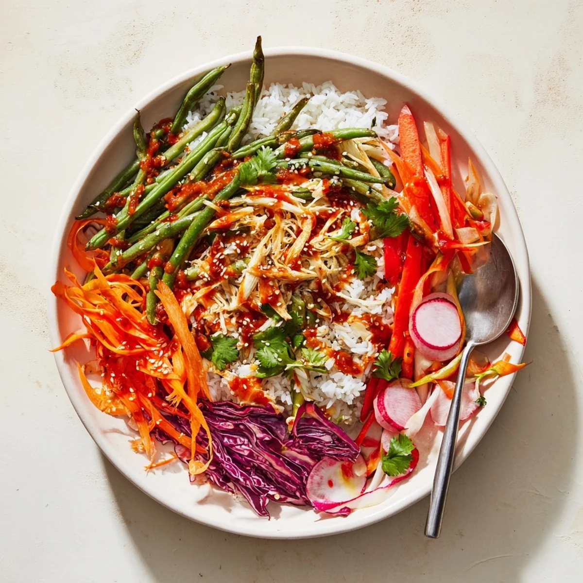 Colorful veggie bowl piled high with roasted green beans coated in spicy chili oil and crispy garlic topping
