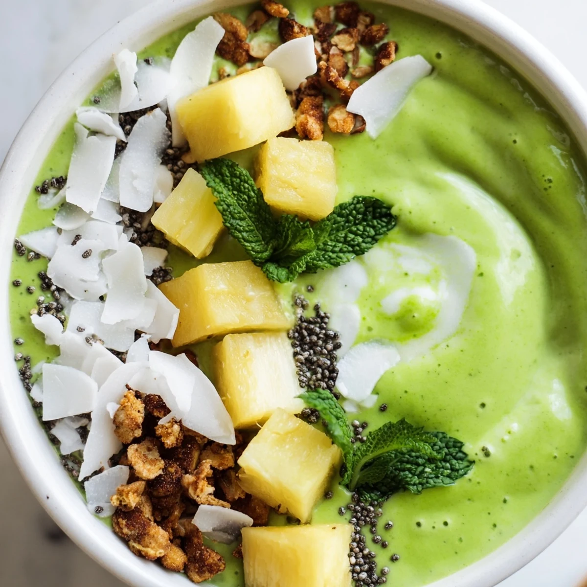 Colorful pineapple matcha coconut smoothie bowl topped with crunchy almond clusters and fresh tropical fruit