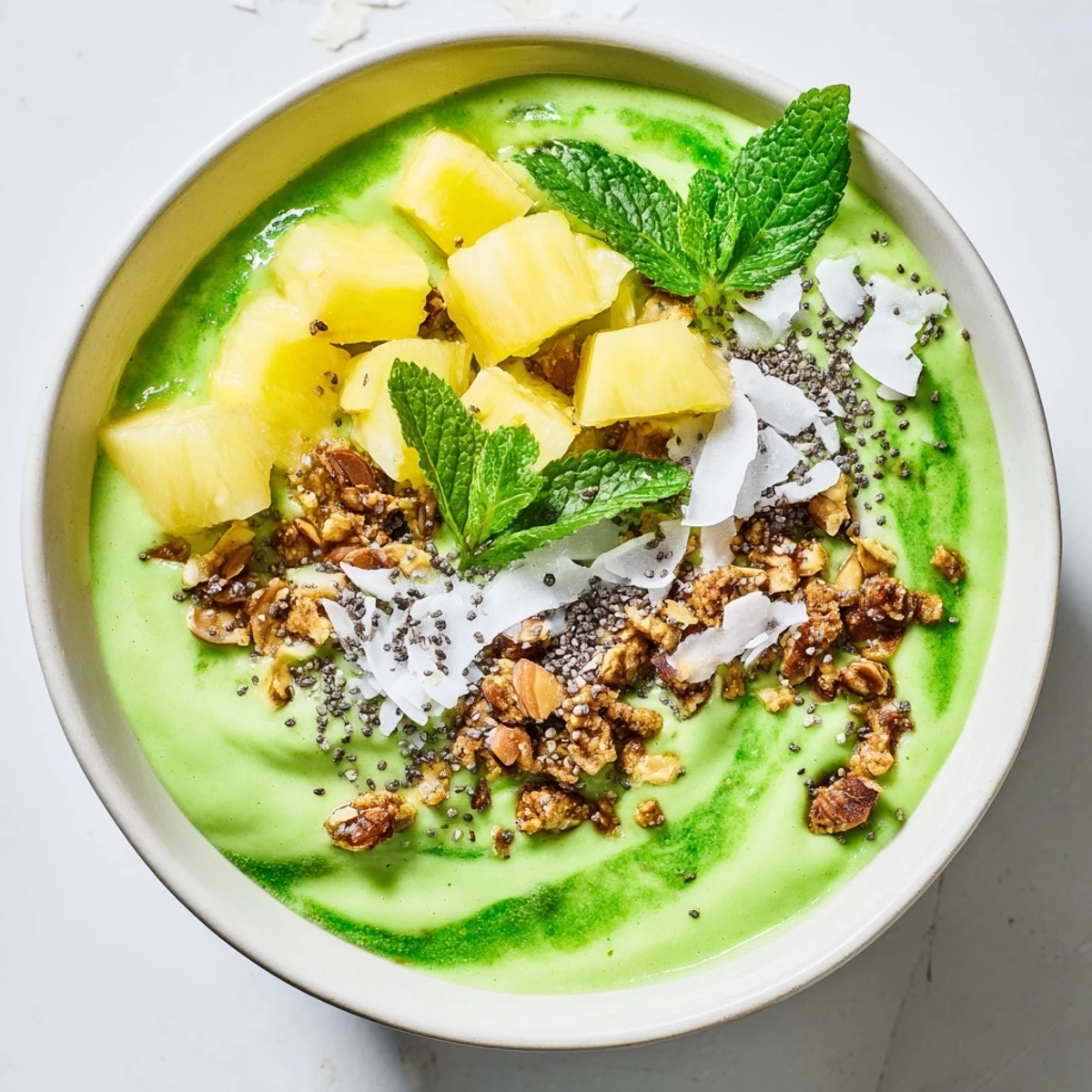 Vibrant breakfast bowl featuring matcha pineapple smoothie topped with coconut flakes and almond nut clusters