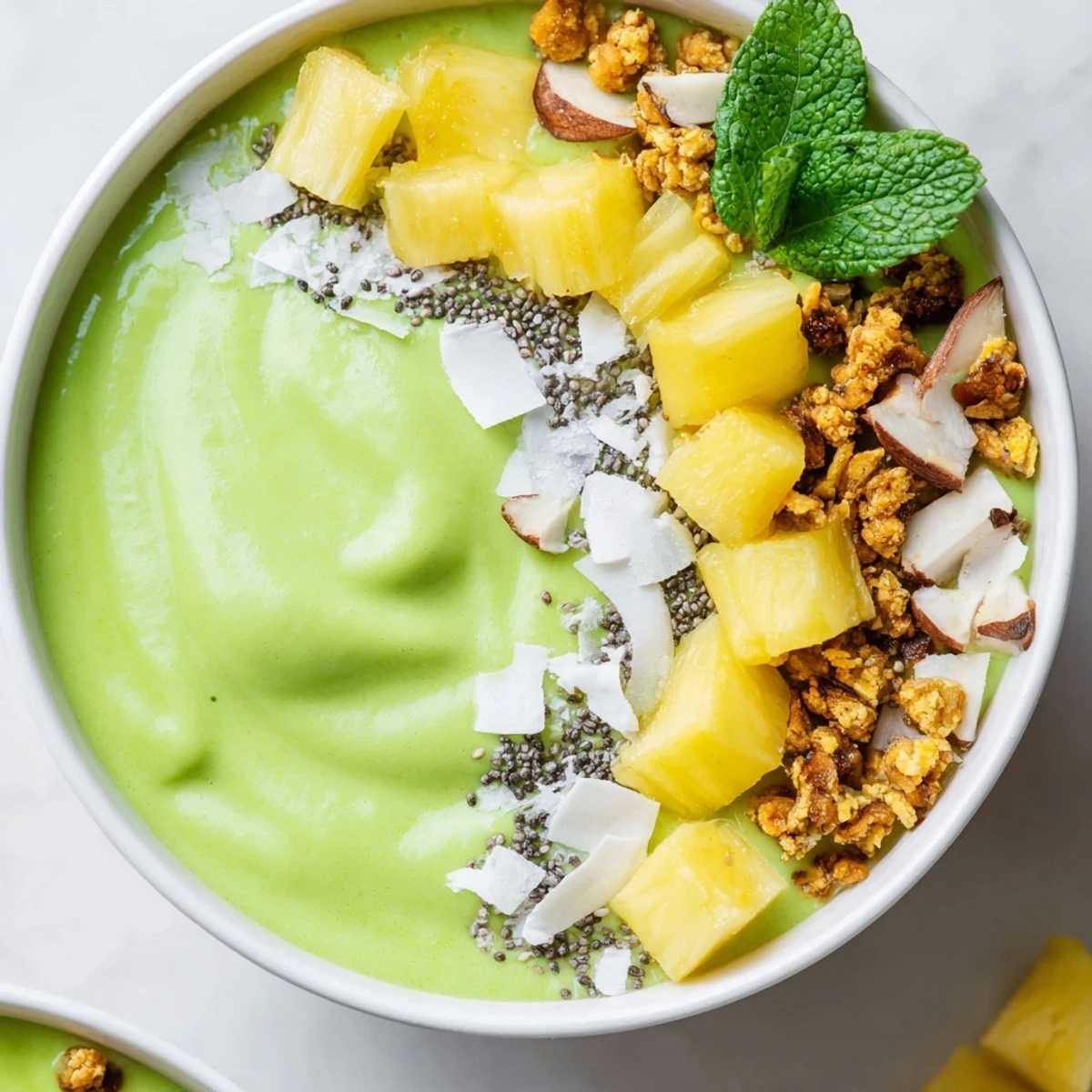Creamy green matcha smoothie bowl with pineapple coconut base and garnished with toasted almond clusters