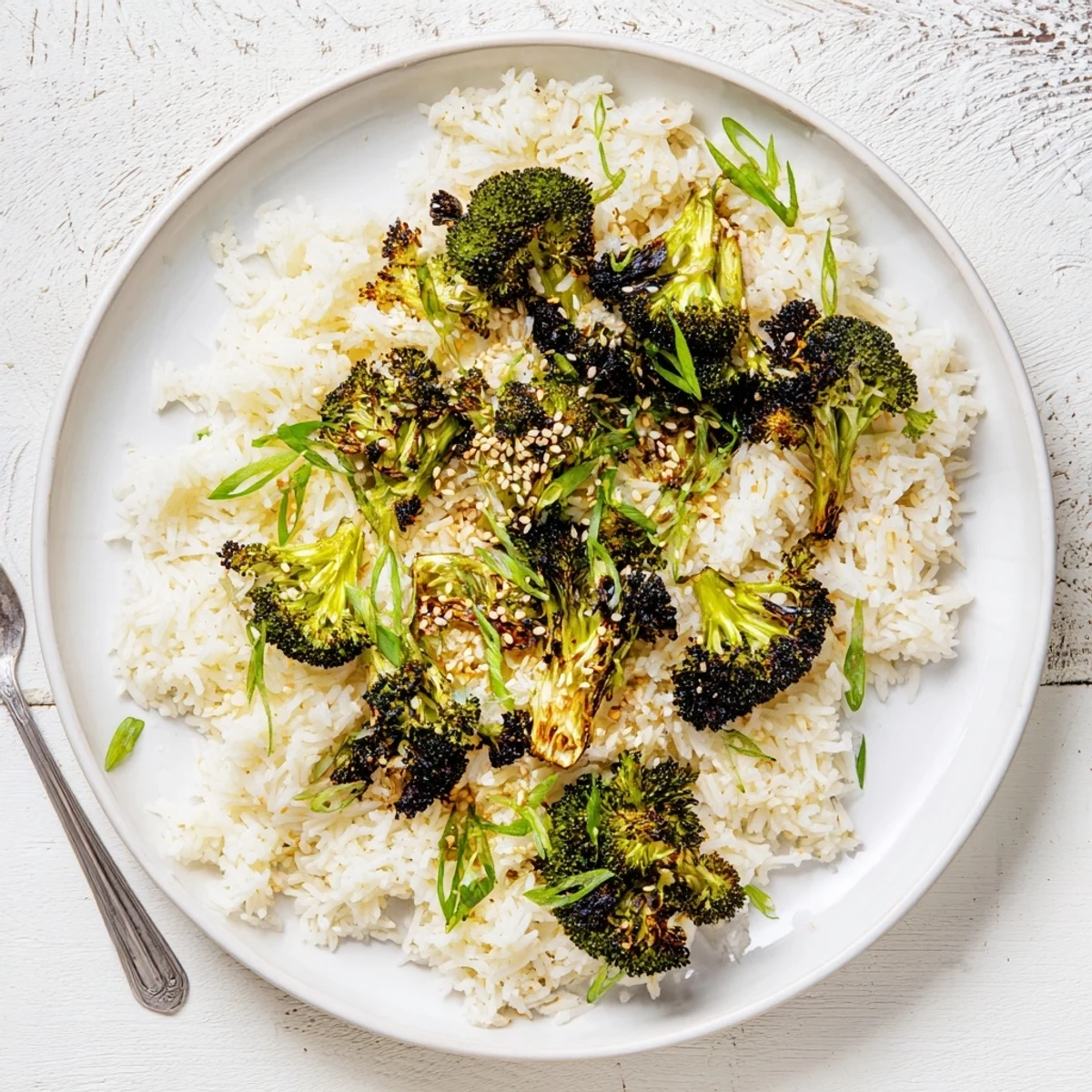 Vegan garlic ginger jasmine rice bowl with tender broccoli florets and green onion garnish