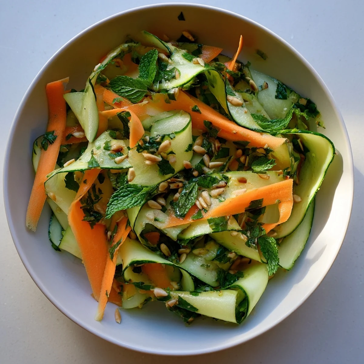 Colorful shaved cucumber carrot mint salad bowl topped with crunchy sunflower seeds