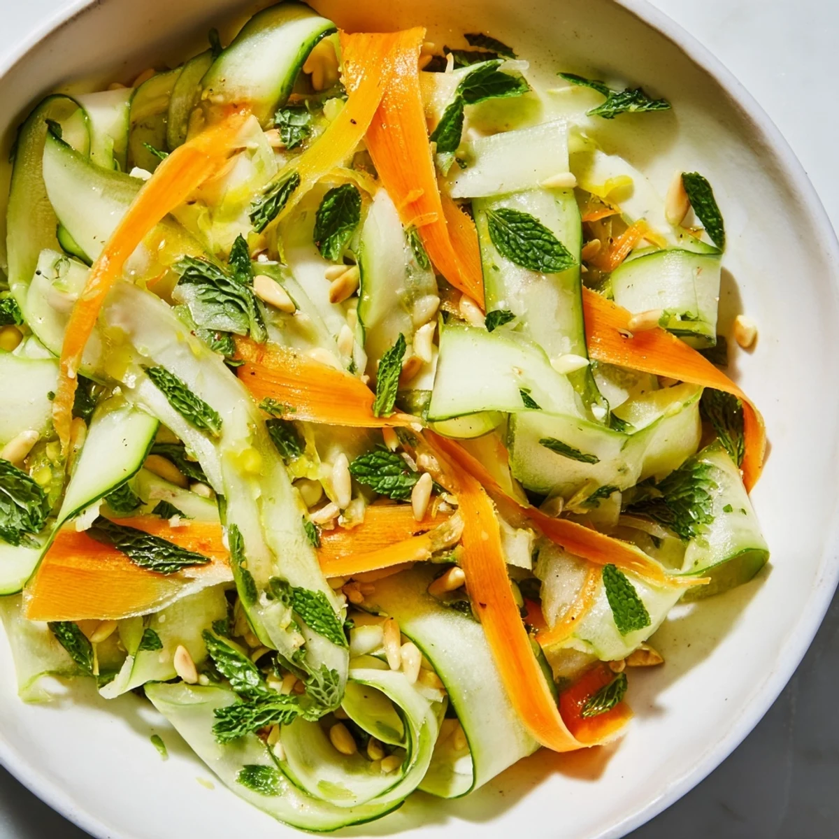 Fresh cucumber and carrot ribbons tossed with mint in a white serving bowl