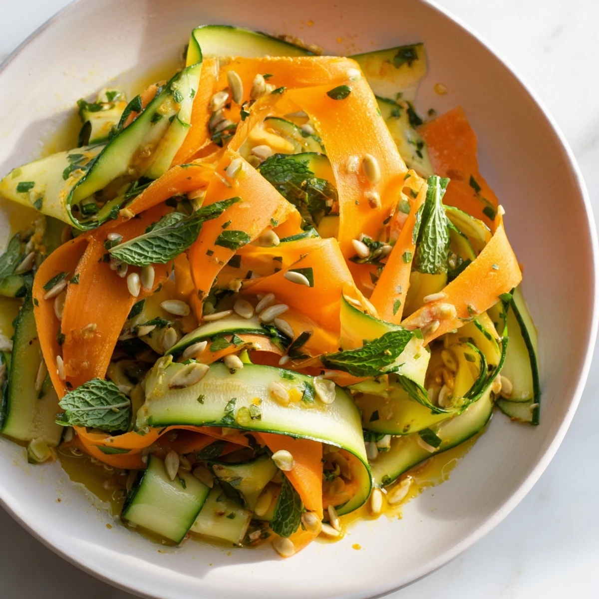 Vibrant salad featuring thin vegetable ribbons garnished with sunflower seeds and fresh mint