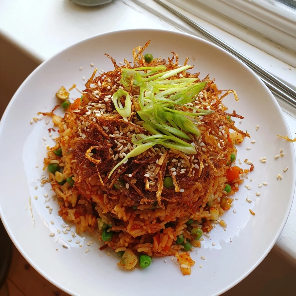 Steaming plate of Korean kimchi garlic fried rice scattered with golden fried shallot garnish