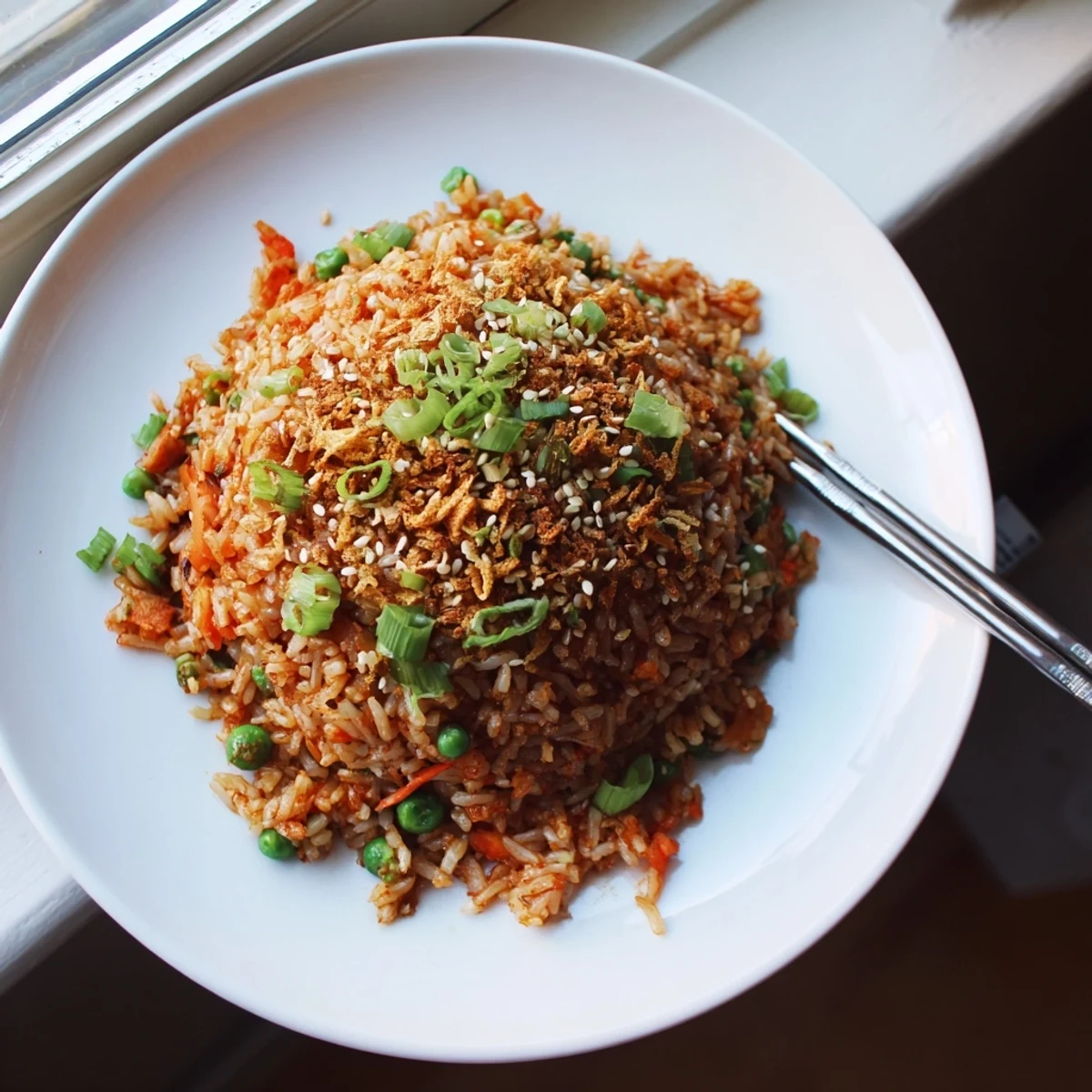 Golden kimchi fried rice topped with crispy shallots and fresh scallions in a white bowl
