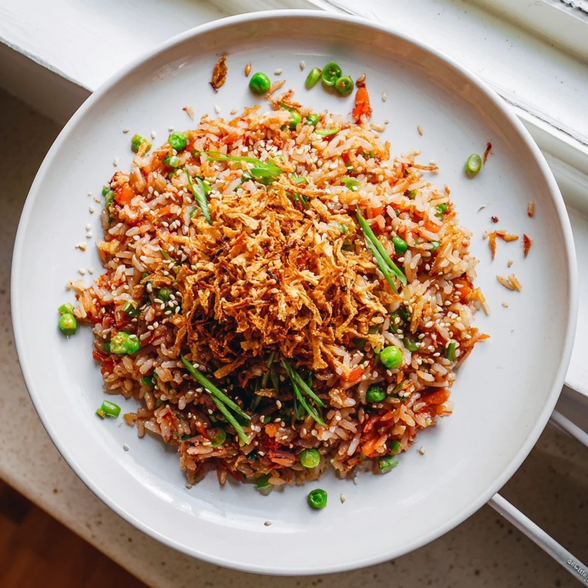 Vibrant kimchi scallion fried rice with crunchy shallots served in rustic dark bowl