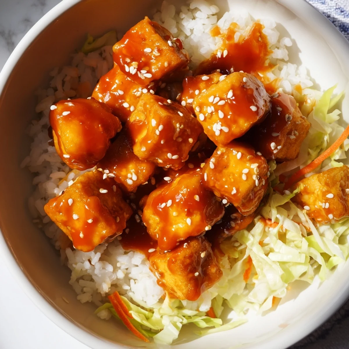 Golden crispy tofu cubes glazed in tangy orange chili sauce over fluffy rice