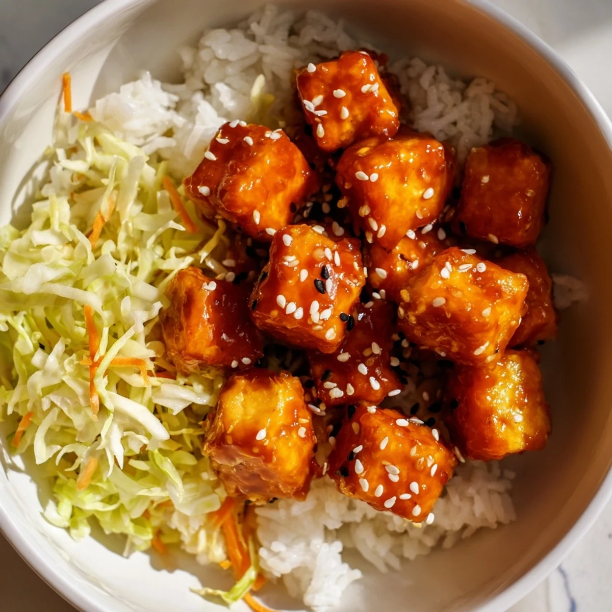 Vegan bowl featuring sticky orange chili tofu with crunchy sesame cabbage slaw topping