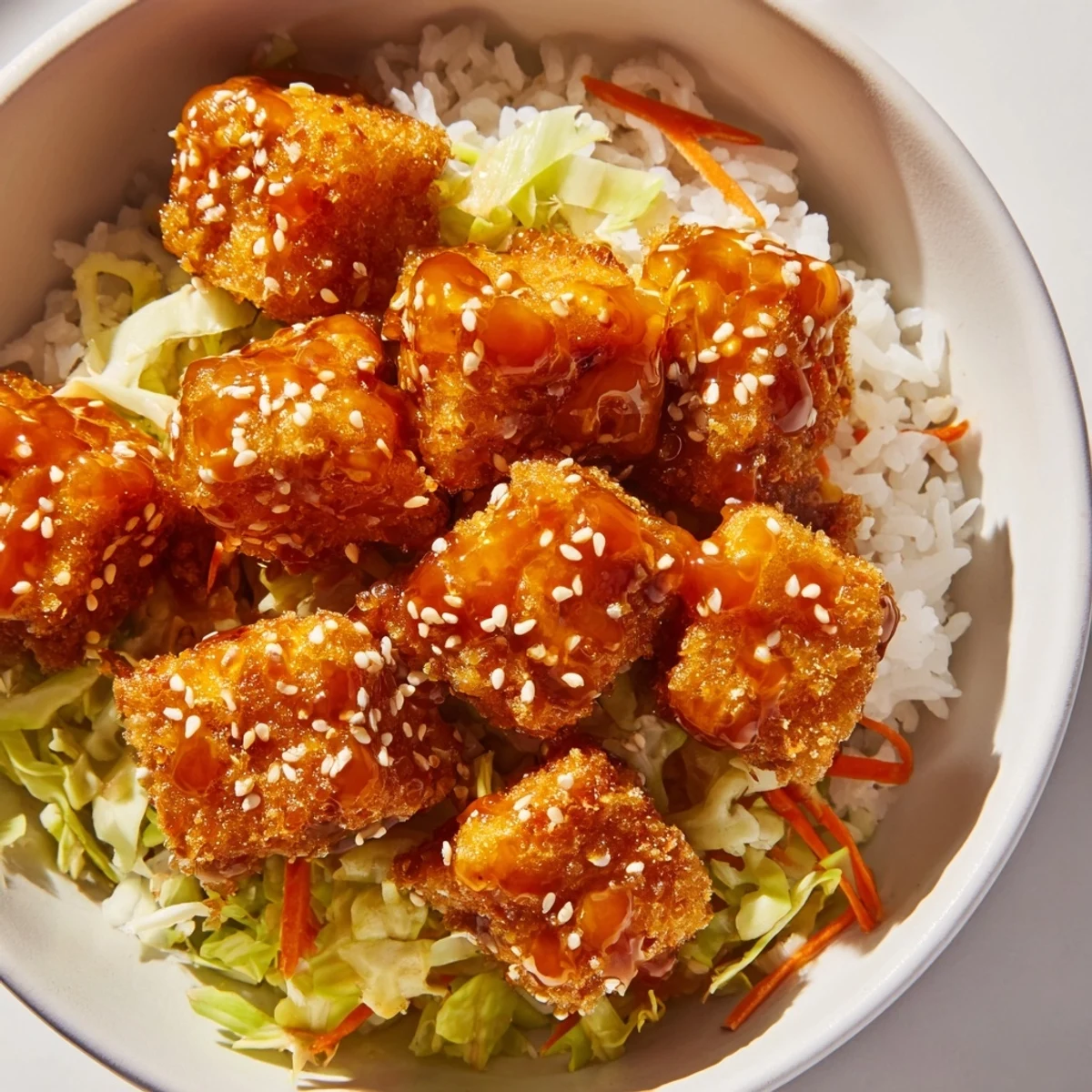 Colorful asian inspired bowl with sweet spicy glazed tofu and fresh vegetables