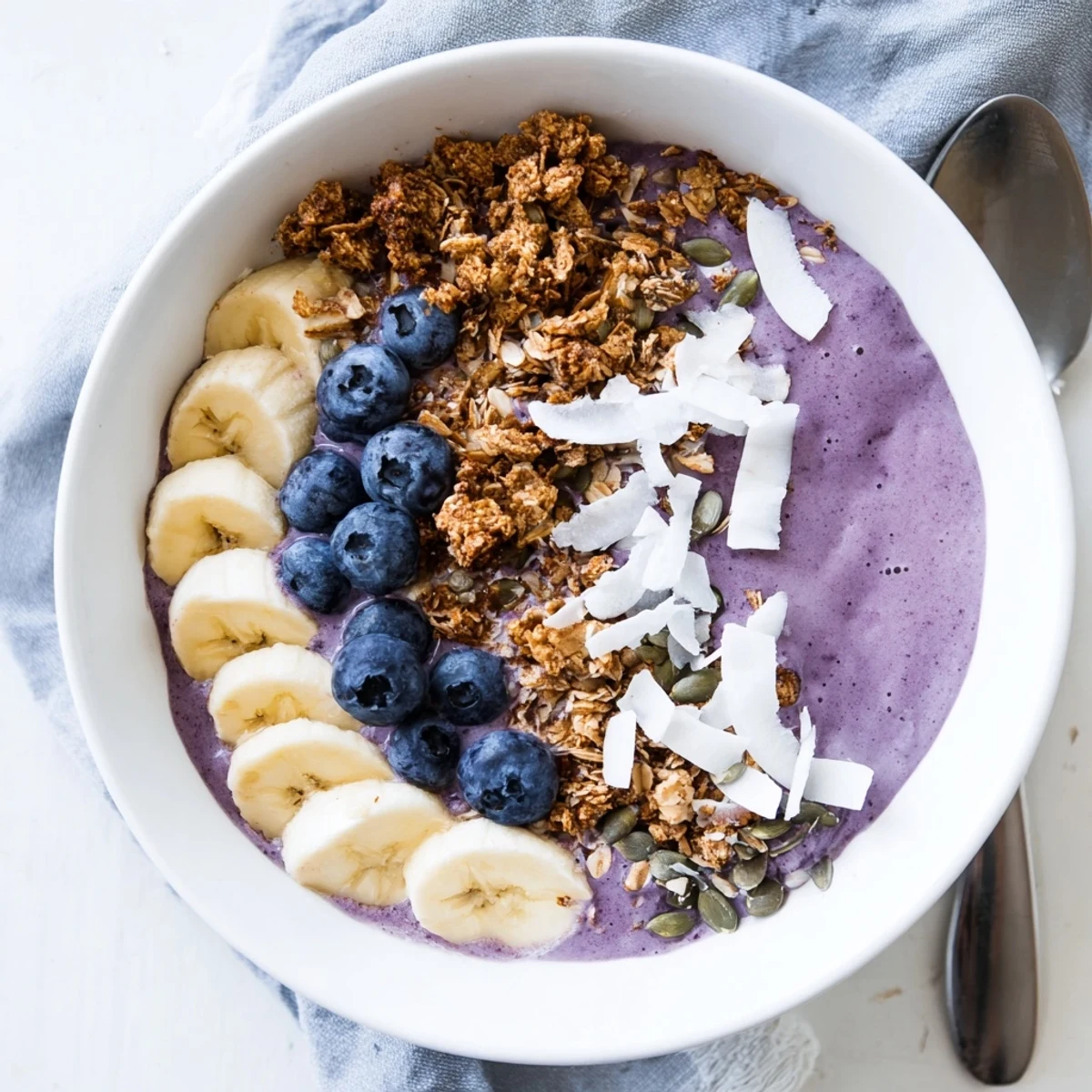 Colorful breakfast bowl with creamy blueberry banana coconut base and generous granola crumble topping