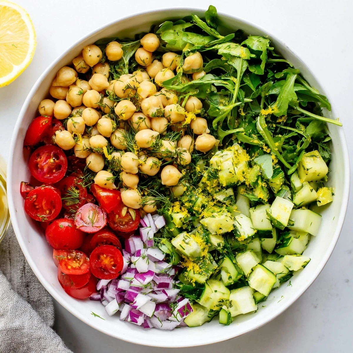 Protein-packed avocado dill chickpea salad bowl featuring crisp vegetables and tangy lemon dressing