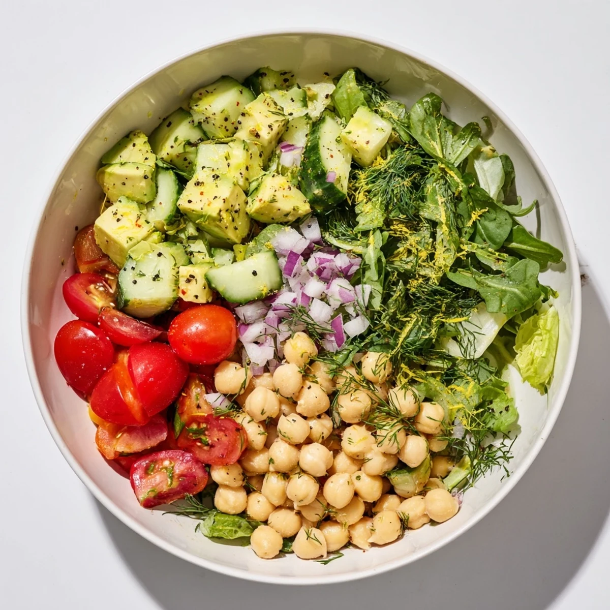 Vibrant bowl of creamy avocado dill chickpea salad with fresh greens and zesty lemon garnish