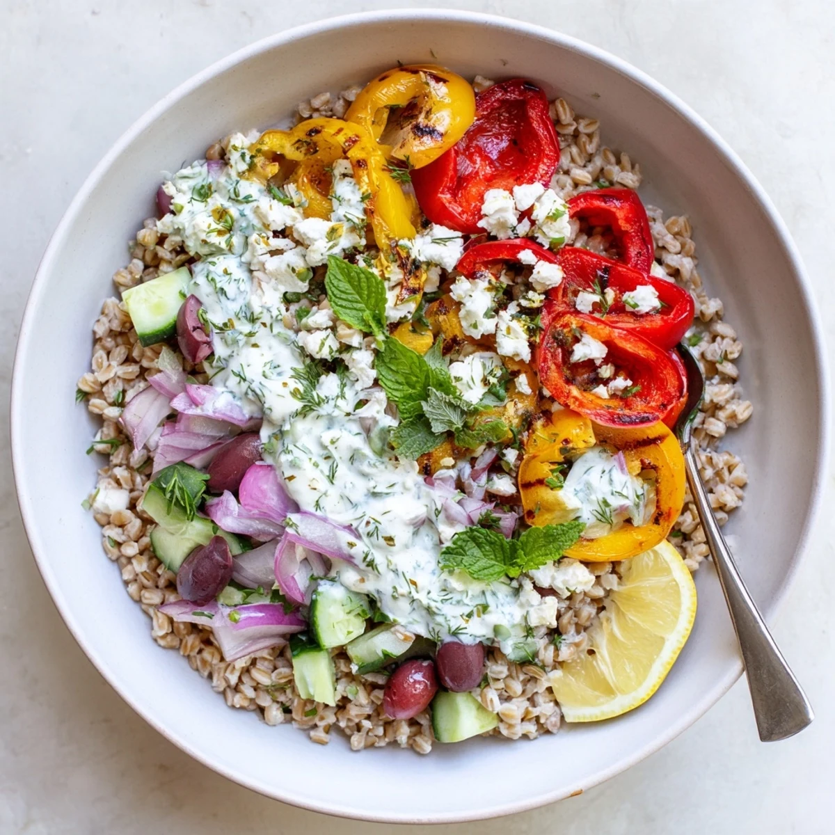 Vibrant farro grain bowl featuring sweet roasted red peppers, crisp veggies, and creamy herb yogurt dressing