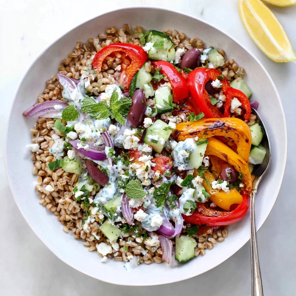 Colorful Mediterranean roasted pepper farro grain bowl topped with tangy herb yogurt sauce and fresh vegetables