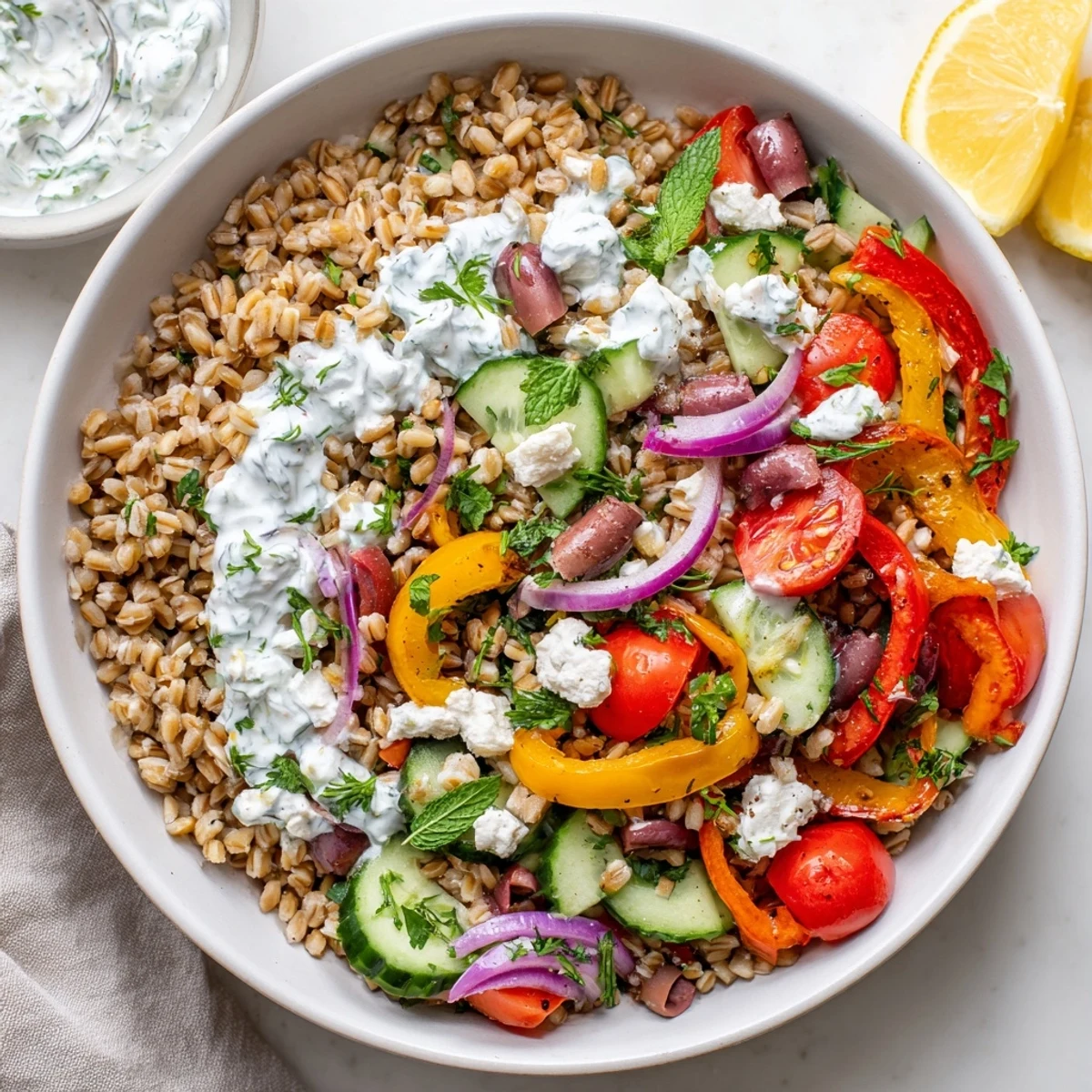 Wholesome Mediterranean roasted pepper farro bowl drizzled with refreshing herb yogurt and garnished with feta cheese
