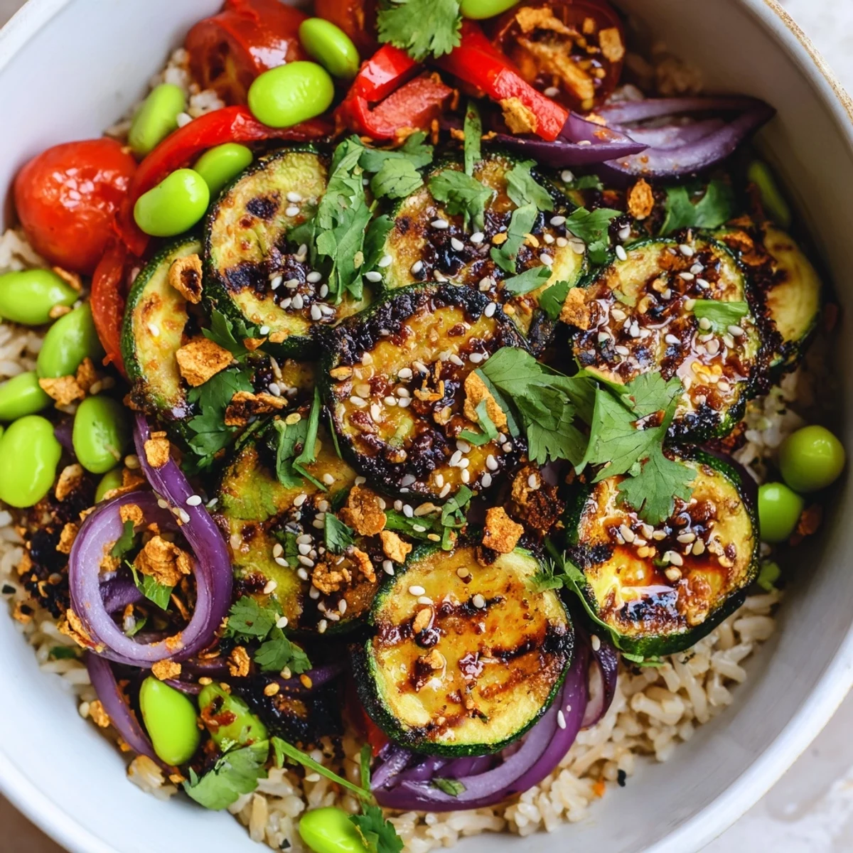 Spicy Chili Crisp Roasted Zucchini Veggie Bowl with Garlic Chips, bright lime wedges