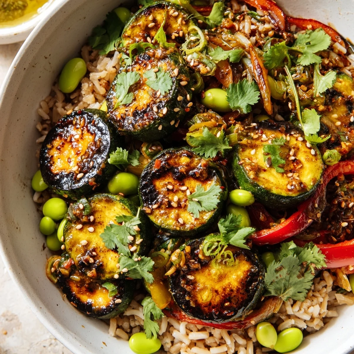 Smoky, crunchy Spicy Chili Crisp Roasted Zucchini Veggie Bowl with Garlic Chips