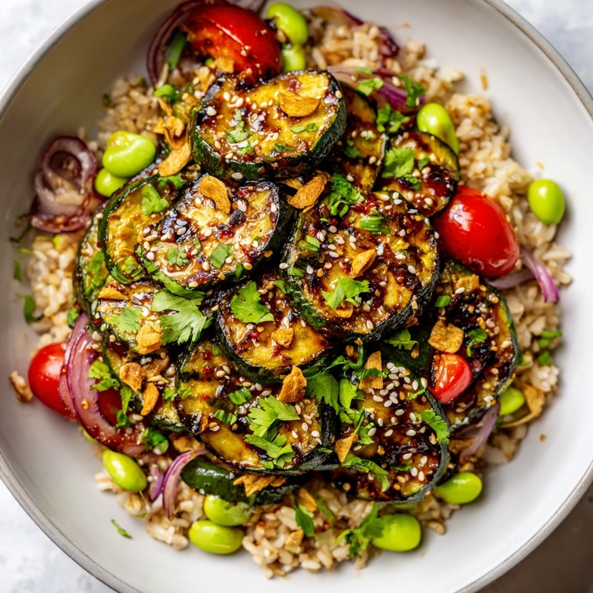 Spicy Chili Crisp Roasted Zucchini Veggie Bowl with Garlic Chips topped with sesame