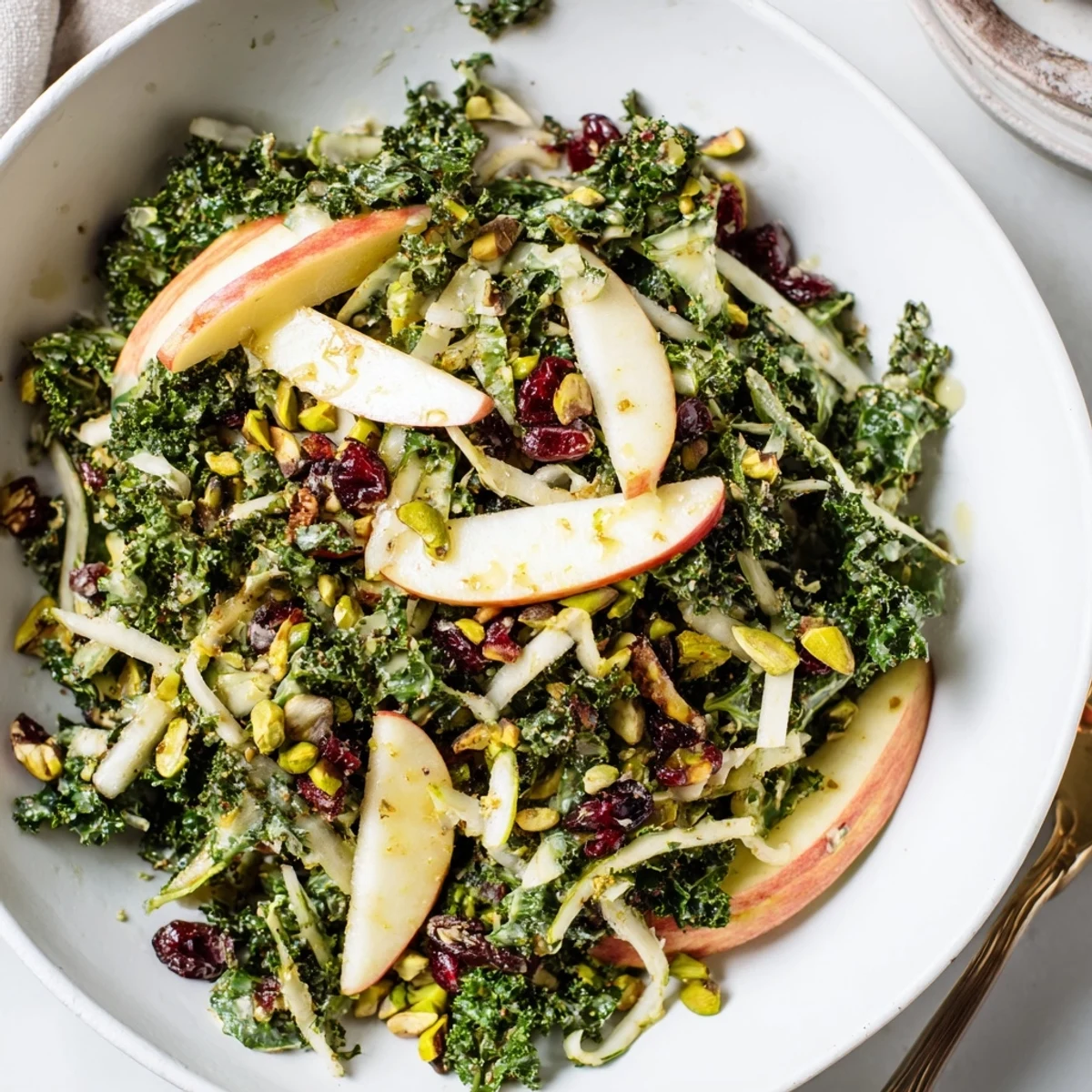 Shaved Kale Apple Pistachio Salad Bowl with Maple Dressing, massaged greens and crunchy pistachios