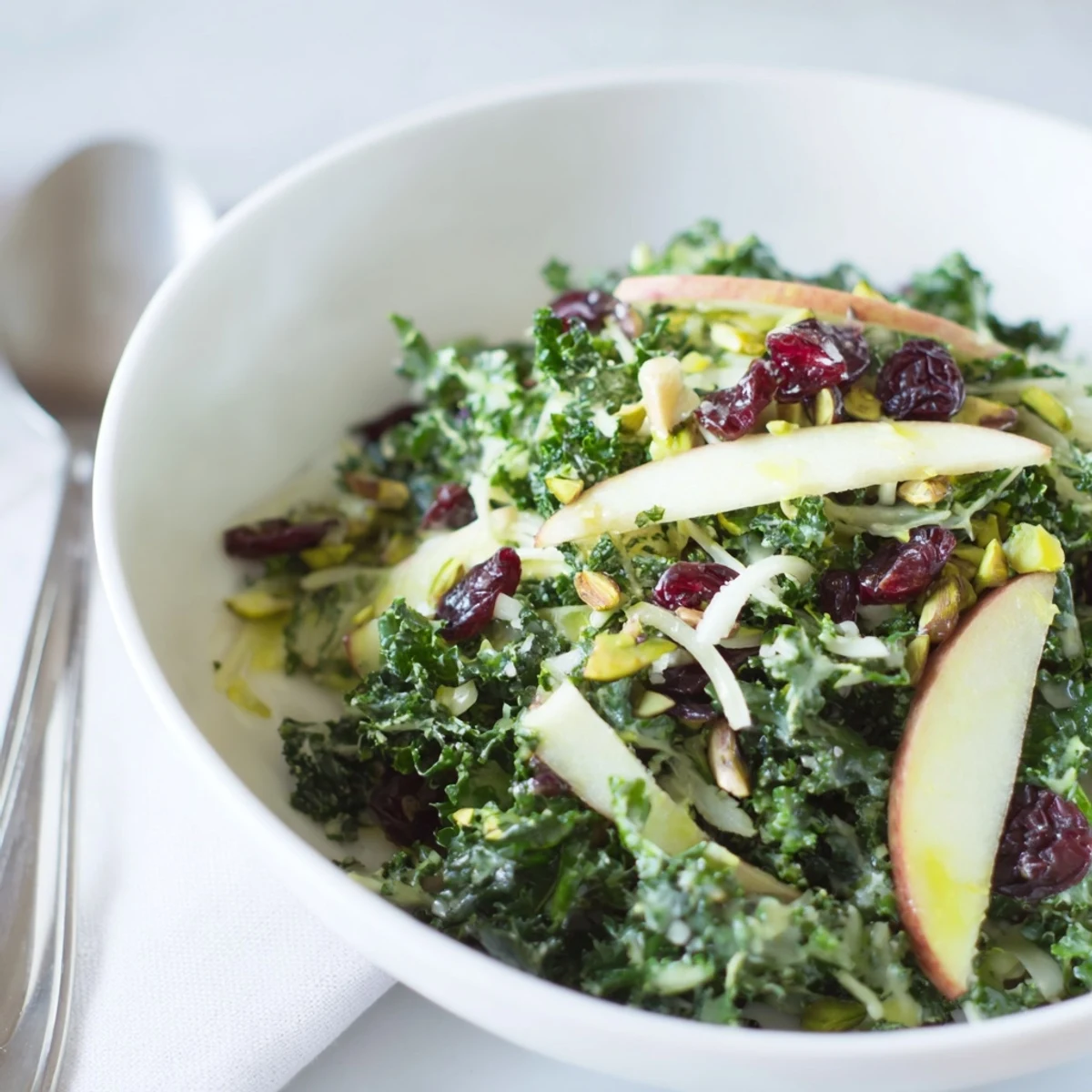 Bright, crunchy Shaved Kale Apple Pistachio Salad Bowl with Maple Dressing served for lunch