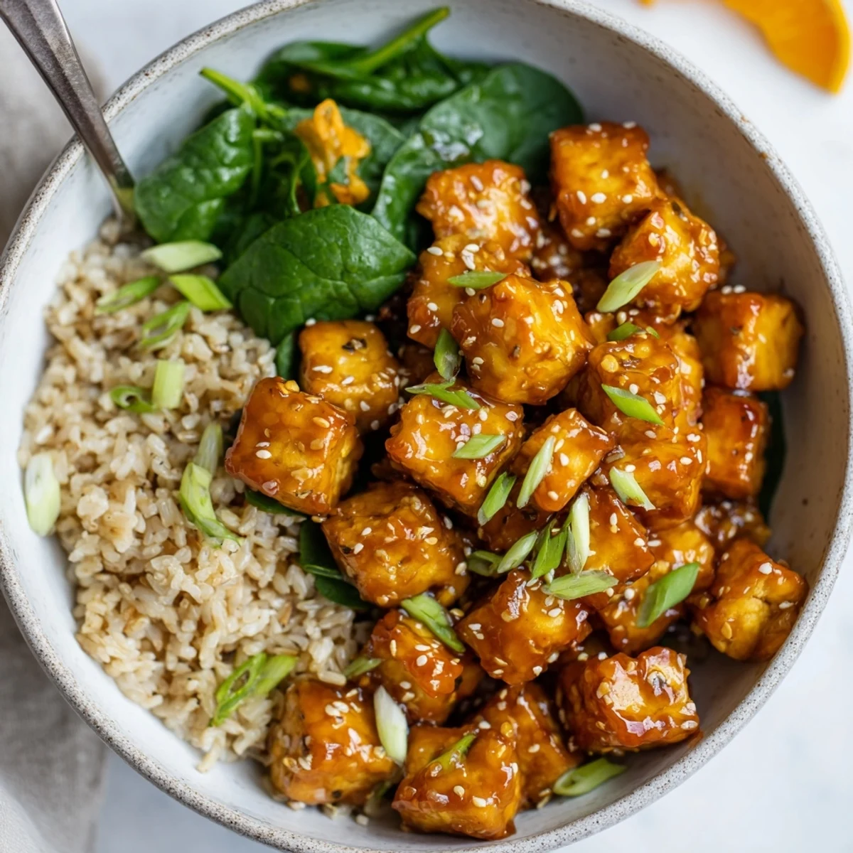 Sticky Orange Ginger Tofu Vegan Bowl with Sesame Greens, glossy glaze over rice
