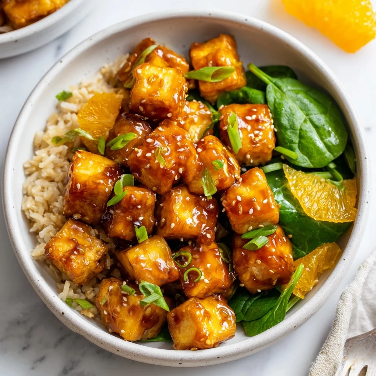 Aromatic Sticky Orange Ginger Tofu Vegan Bowl with Sesame Greens atop steamed jasmine rice