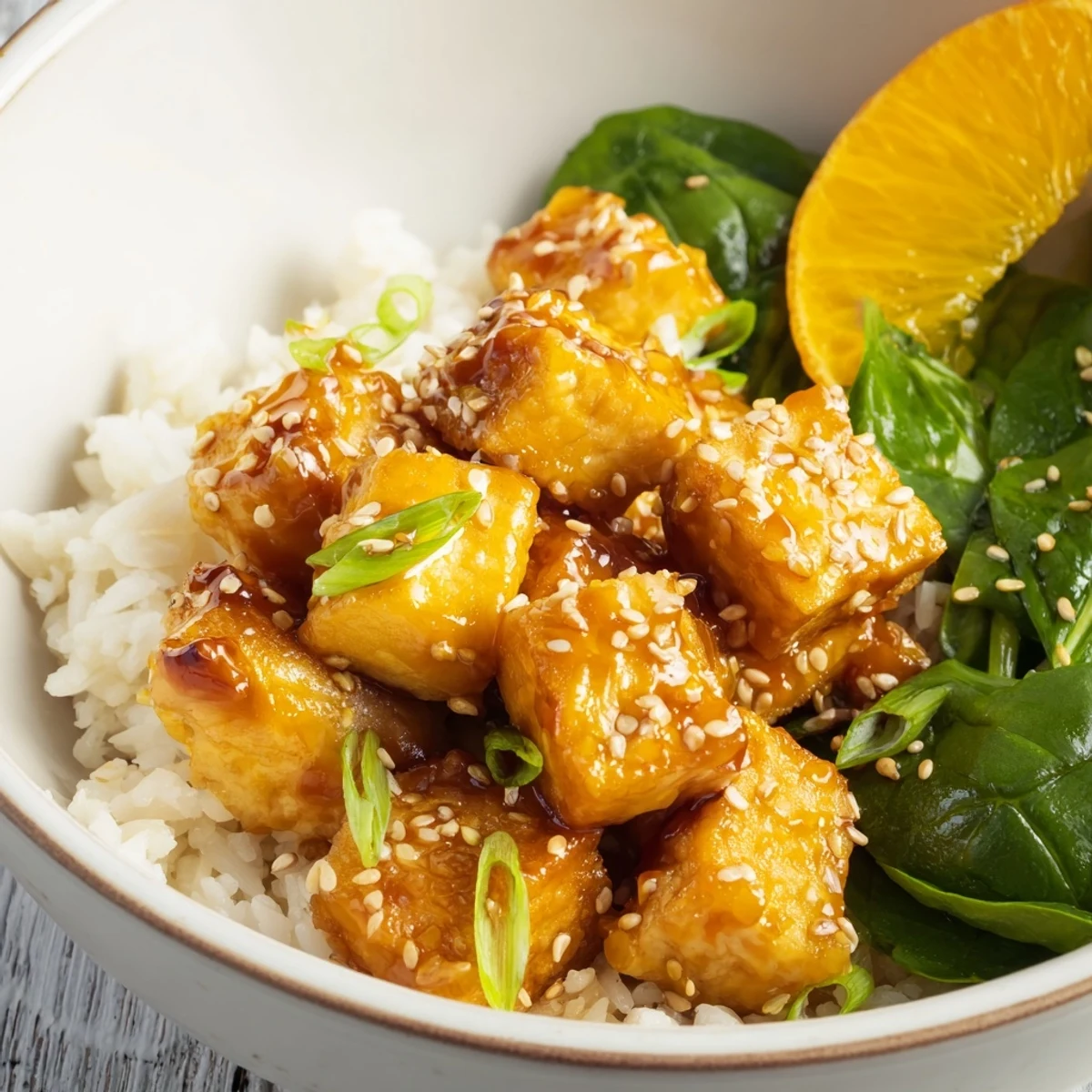 Sticky Orange Ginger Tofu Vegan Bowl with Sesame Greens, crispy cubes garnished with scallions