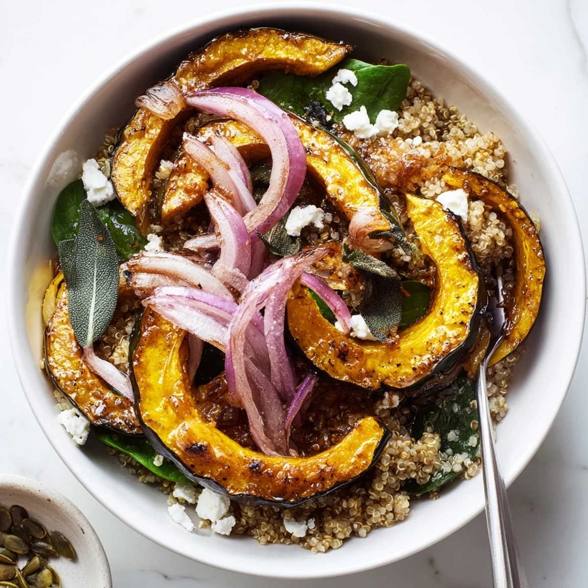 Roasted Delicata Squash Quinoa Grain Bowl with Sage Brown Butter, warm golden squash