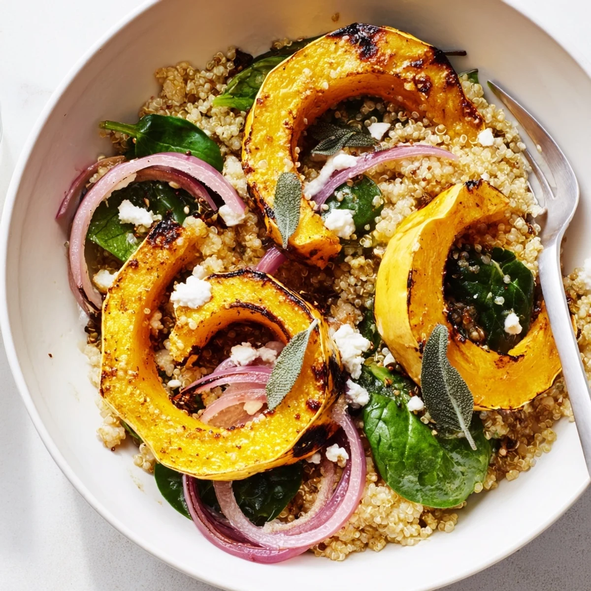 Warm Roasted Delicata Squash Quinoa Grain Bowl with Sage Brown Butter, crisp sage