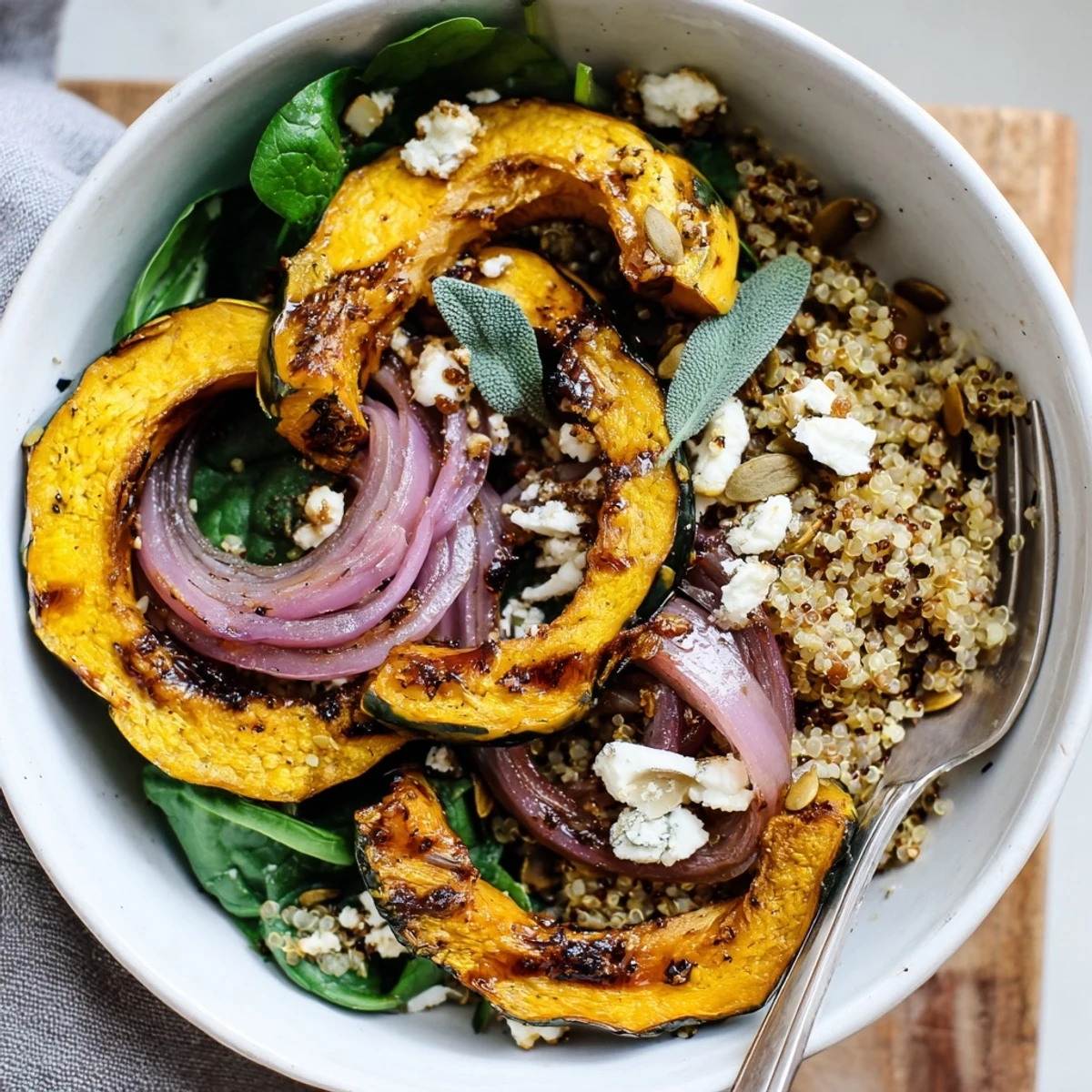 Autumn Roasted Delicata Squash Quinoa Grain Bowl with Sage Brown Butter, crunchy pepitas