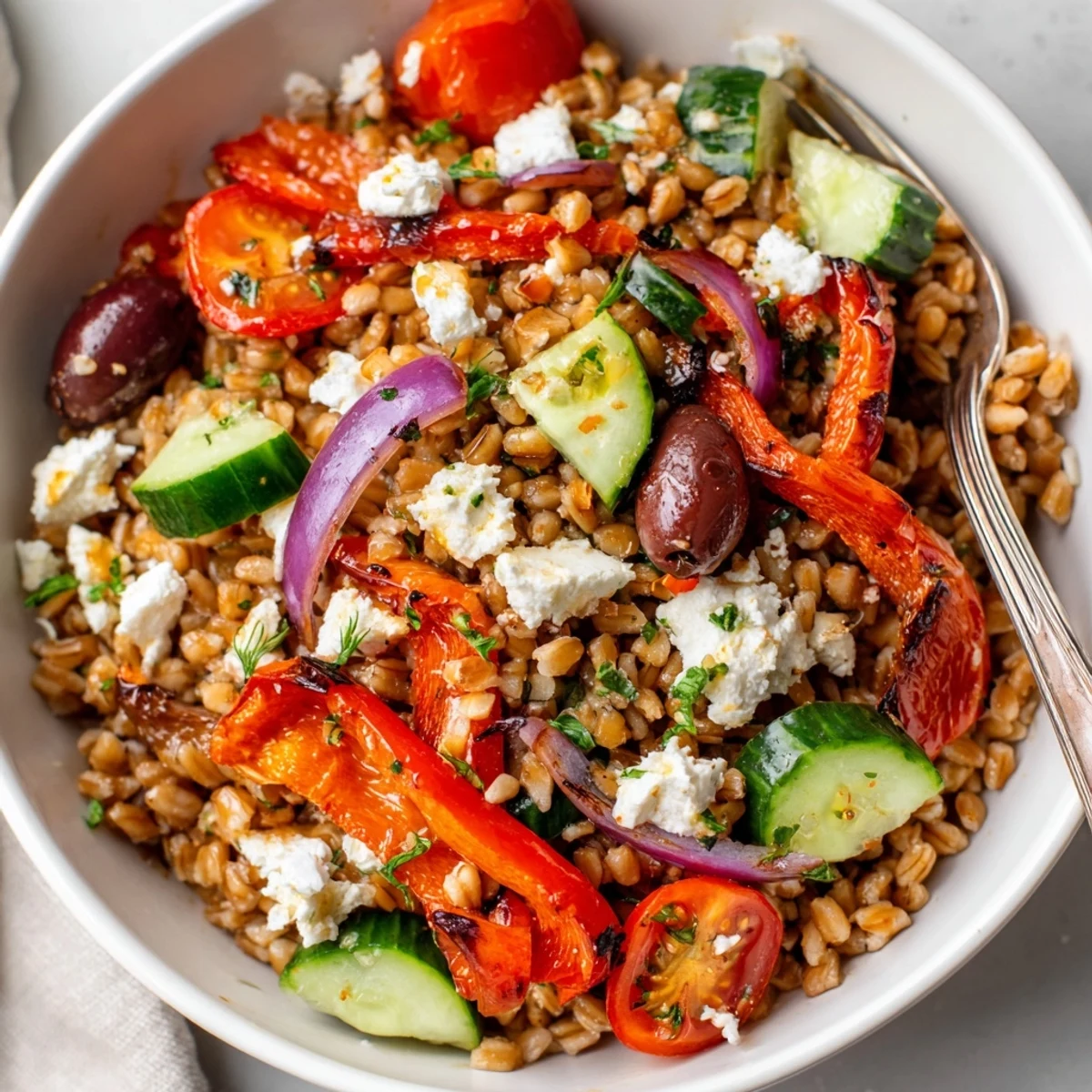 Mediterranean Roasted Pepper Farro Grain Bowl with Feta, zesty lemon vinaigrette and charred peppers