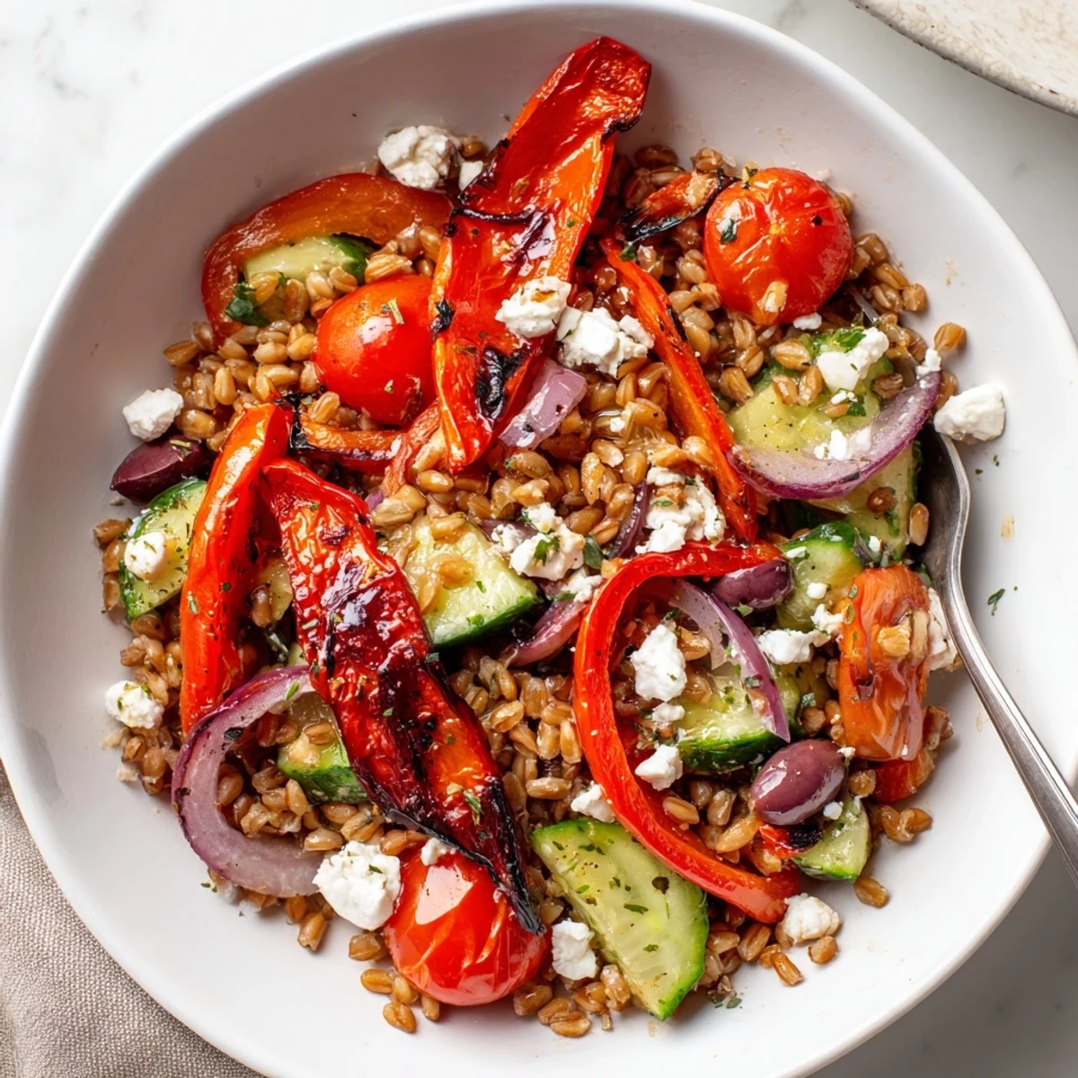 Warm Mediterranean Roasted Pepper Farro Grain Bowl with Feta, crisp tomatoes and fresh herbs