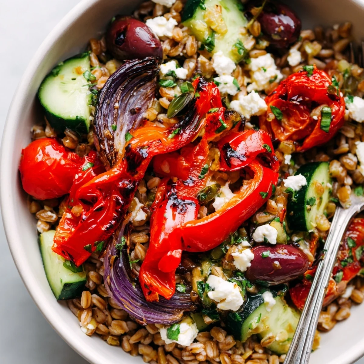 Mediterranean Roasted Pepper Farro Grain Bowl with Feta served with warm pita and parsley