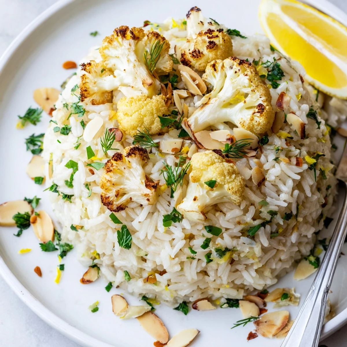 Fragrant lemon-zested Garlic Herb Jasmine Rice with Roasted Cauliflower, crisp and golden