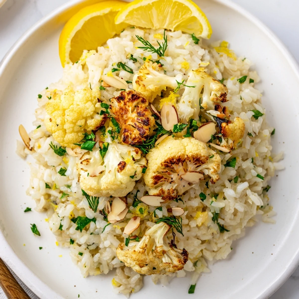 Garlic Herb Jasmine Rice with Roasted Cauliflower served warm, topped with toasted almonds