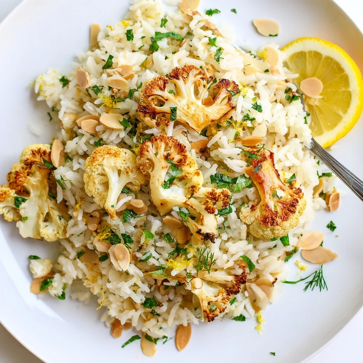 Fork-fluffed Garlic Herb Jasmine Rice with Roasted Cauliflower, bright herbs and lemon wedges