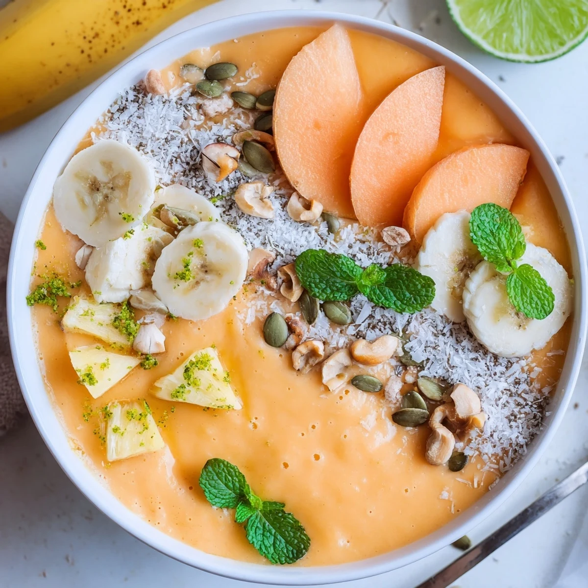 Creamy Papaya Pineapple Coconut Smoothie Bowl with Lime Coconut Crunch, vibrant tropical colors.